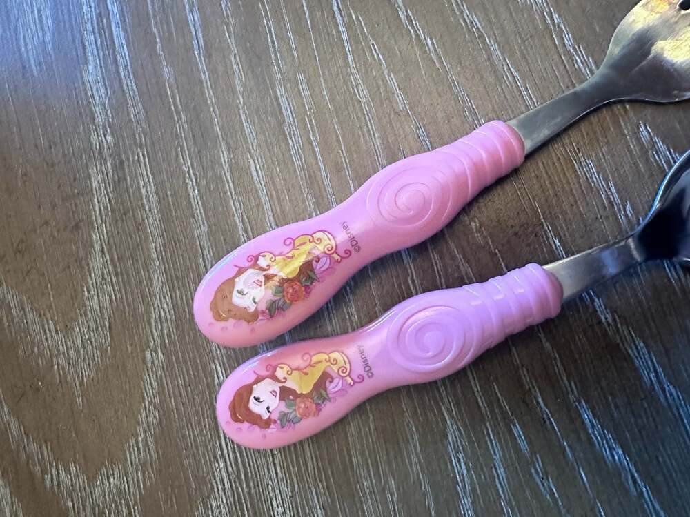 Disney Belle Pink Handle Stainless Steel Toddler Fork and Spoon Set Beauty Beast - Picture 2 of 3